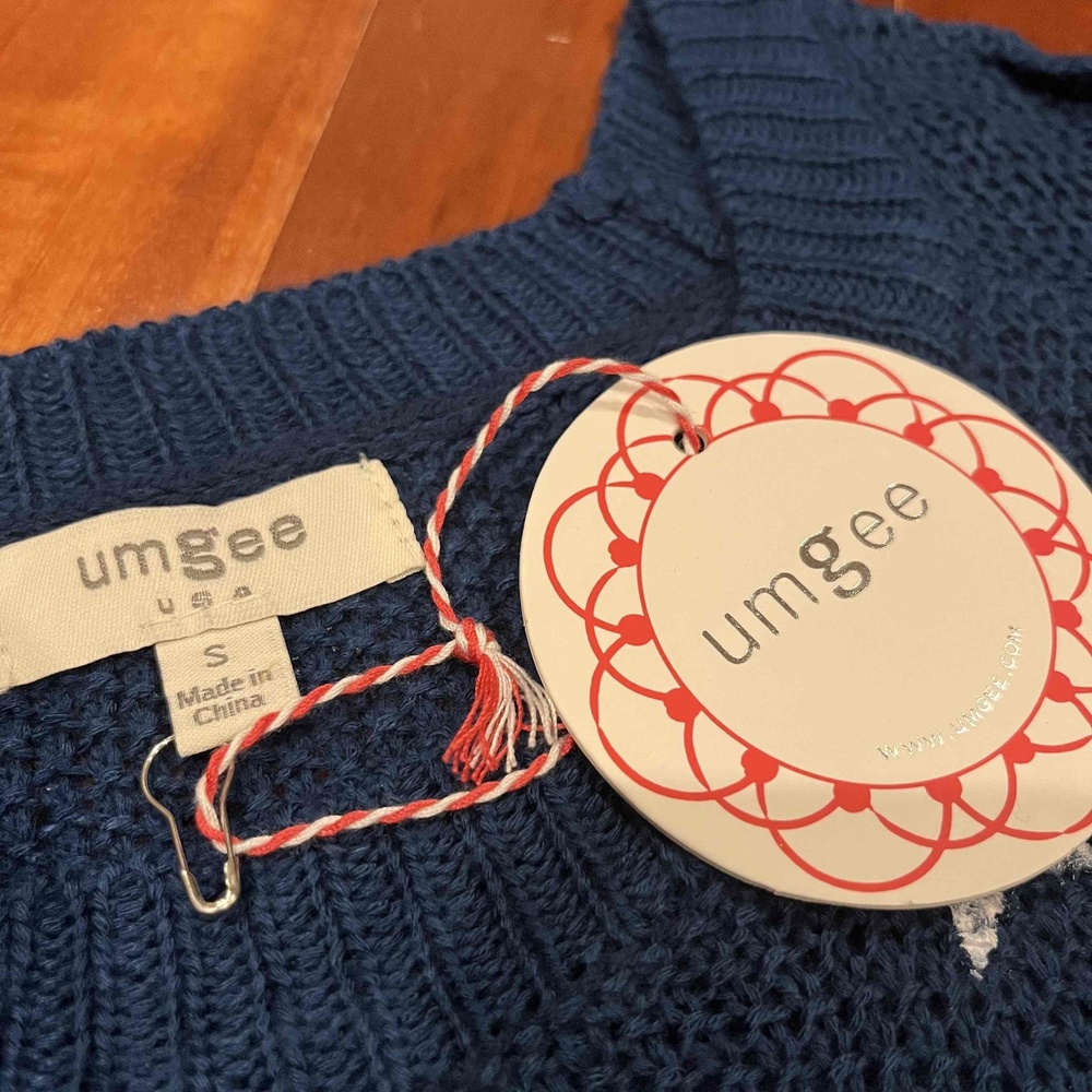 Umgee Star Print Sweater Peacock Navy Blue Long Sleeve Textured Knit New‎ Small - Picture 2 of 8